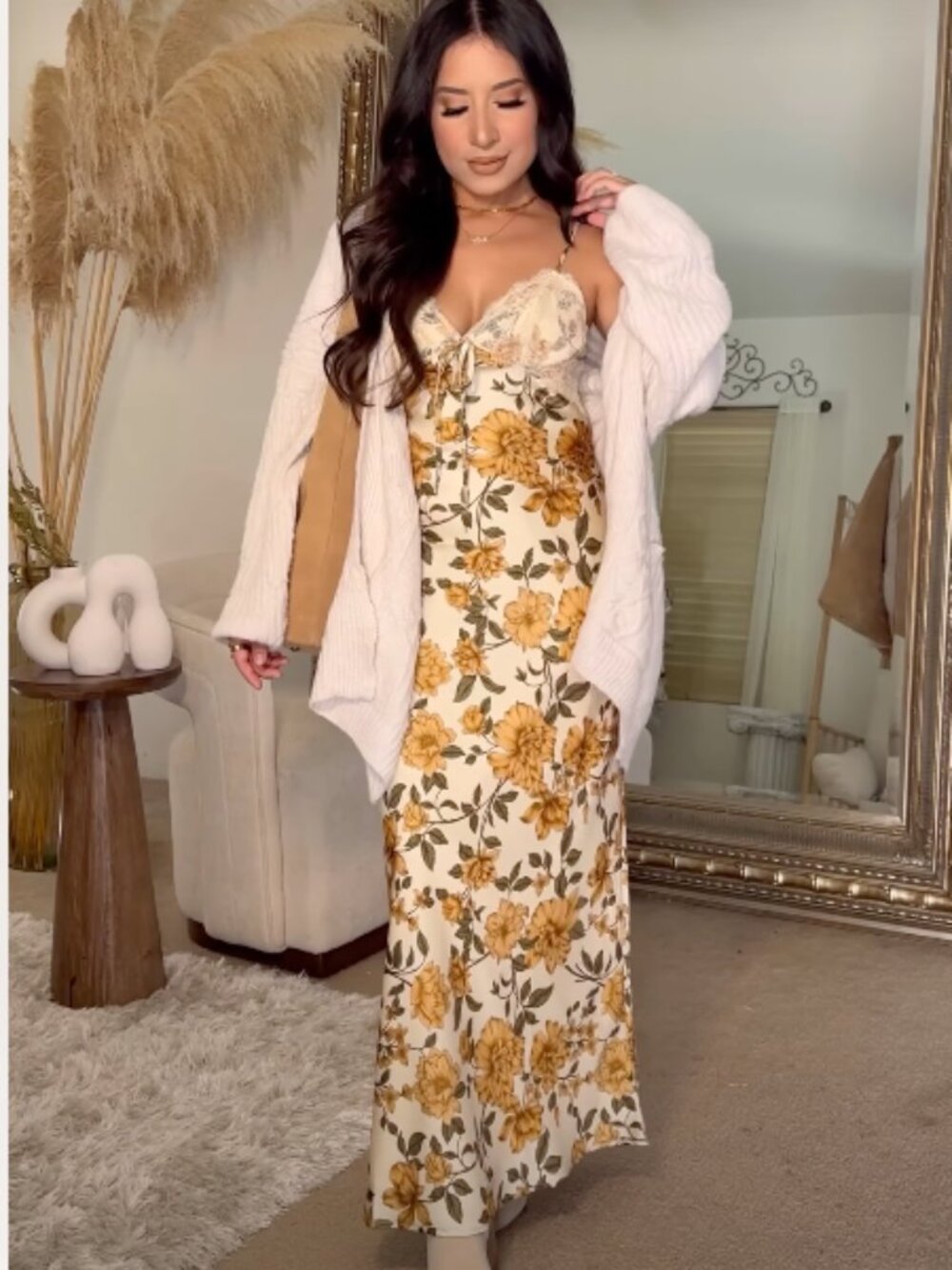 Thirty Thirty Floral Lace Satin Slip Maxi Dress Marigold Yellow Cream Small